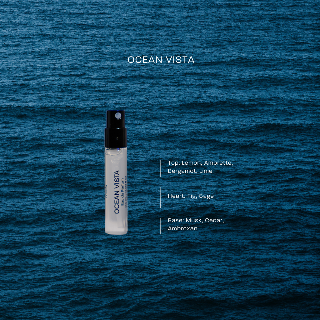 Bentala Fragrance vial Ocean Vista on a blue ocean background