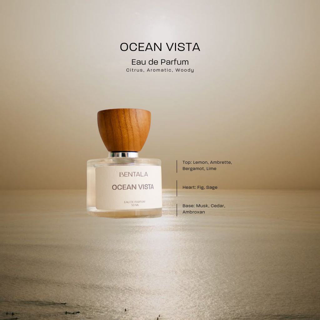 Bentala Ocean Vista Eau de Parfum bottle with wooden cap on a neutral background