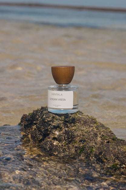 Bentala fragrance bottle labeled 'Ocean Vista' on a rock with a ocean background