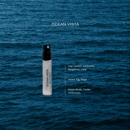 Bentala Fragrance vial Ocean Vista on a blue ocean background