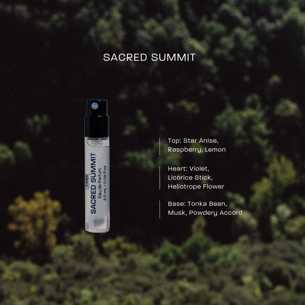 Bentala fragrance vial 'Sacred Summit' with product details on a natural background