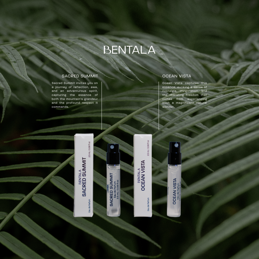 Bentala fragrances vial products on a leafy background