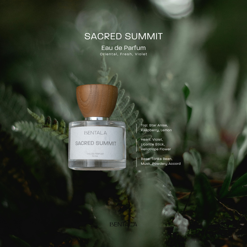 Bentala Sacred Summit eau de parfum bottle with wooden cap on a natural background