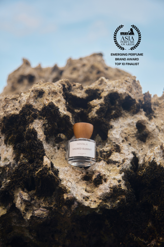 A small perfume bottle labeled 'Scent of Arabia' with a light brown cap, placed on a dark textured rock with a blue sky background. An award badge reading 'Emerging Perfume Brand Award Top 10 Finalist' appears in the upper right.